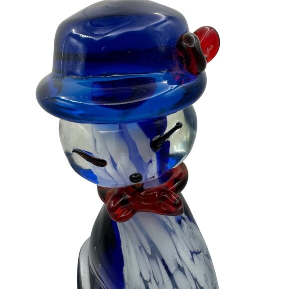 Handcrafted Blue & White Glass Cat Figurine With Red Bow & Hat - Picture 4 of 5